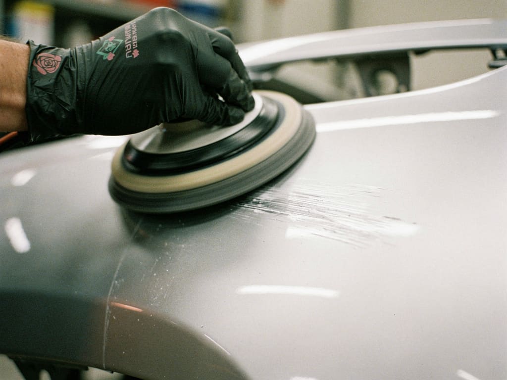 Tecnico che ritocca un graffio leggero su un paraurti in officina
